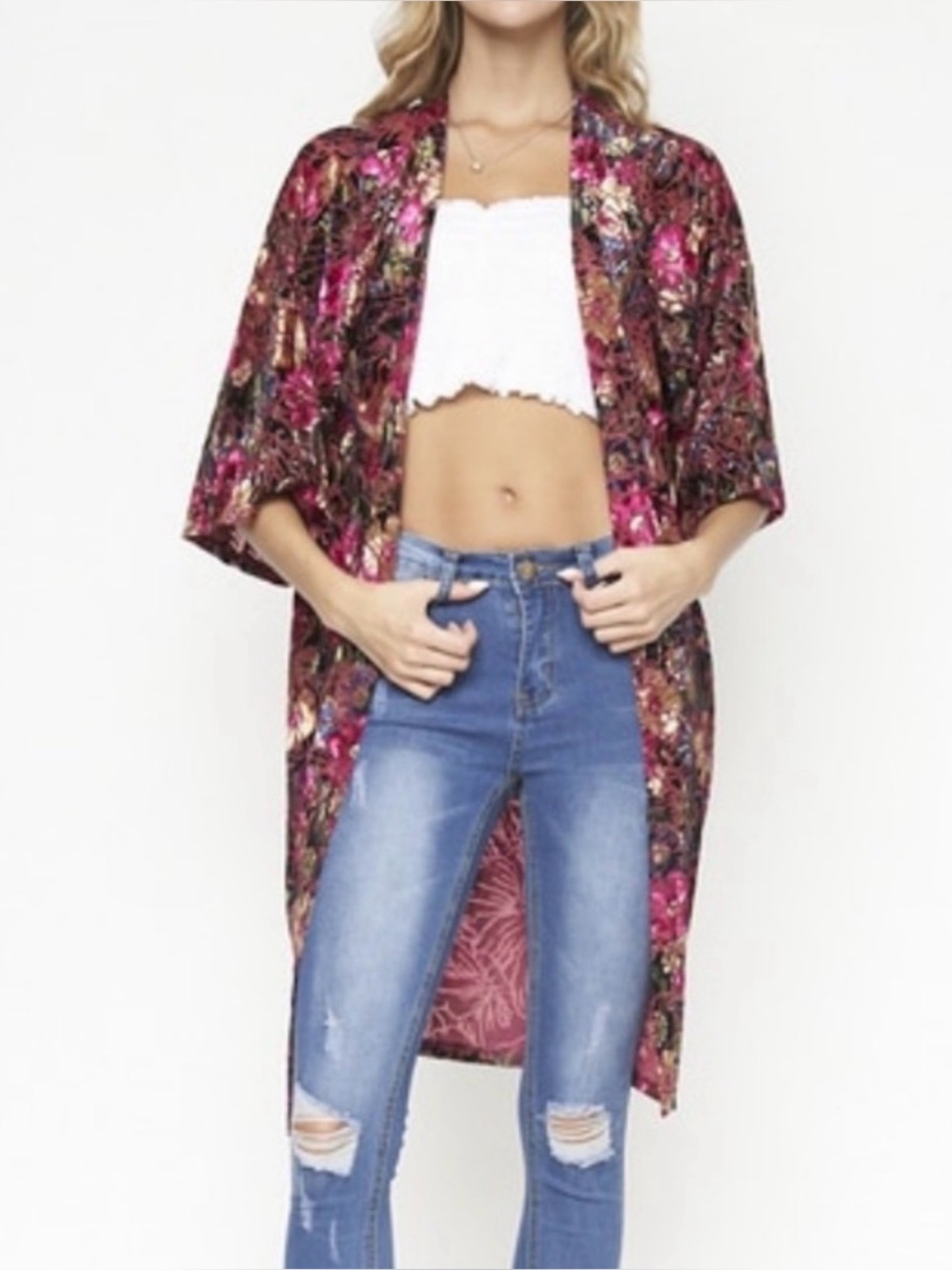 Sans Souci Pink Floral Velvet Feel Kimono Cardigan Size Small Boho Whimsigoth - Picture 7 of 9